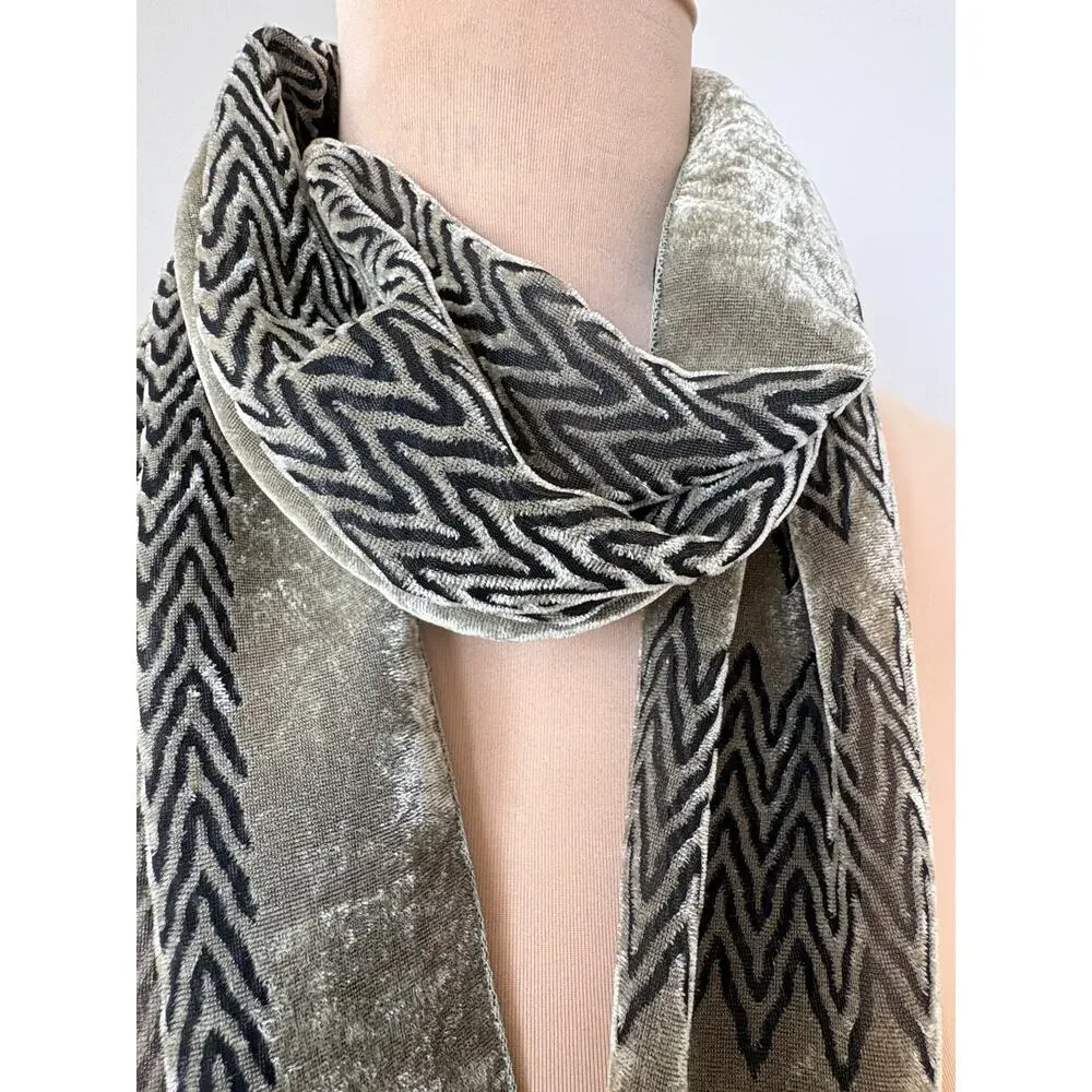 Olive Taupe Black Chevron Pattern Velvet Burnout Neck Scarf Y2K FLAW